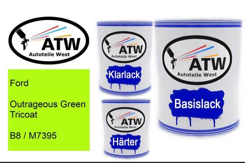 Ford, Outrageous Green Tricoat, B8 / M7395: 1L Lackdose + 1L Klarlack + 500ml Härter - Set, von ATW Autoteile West.